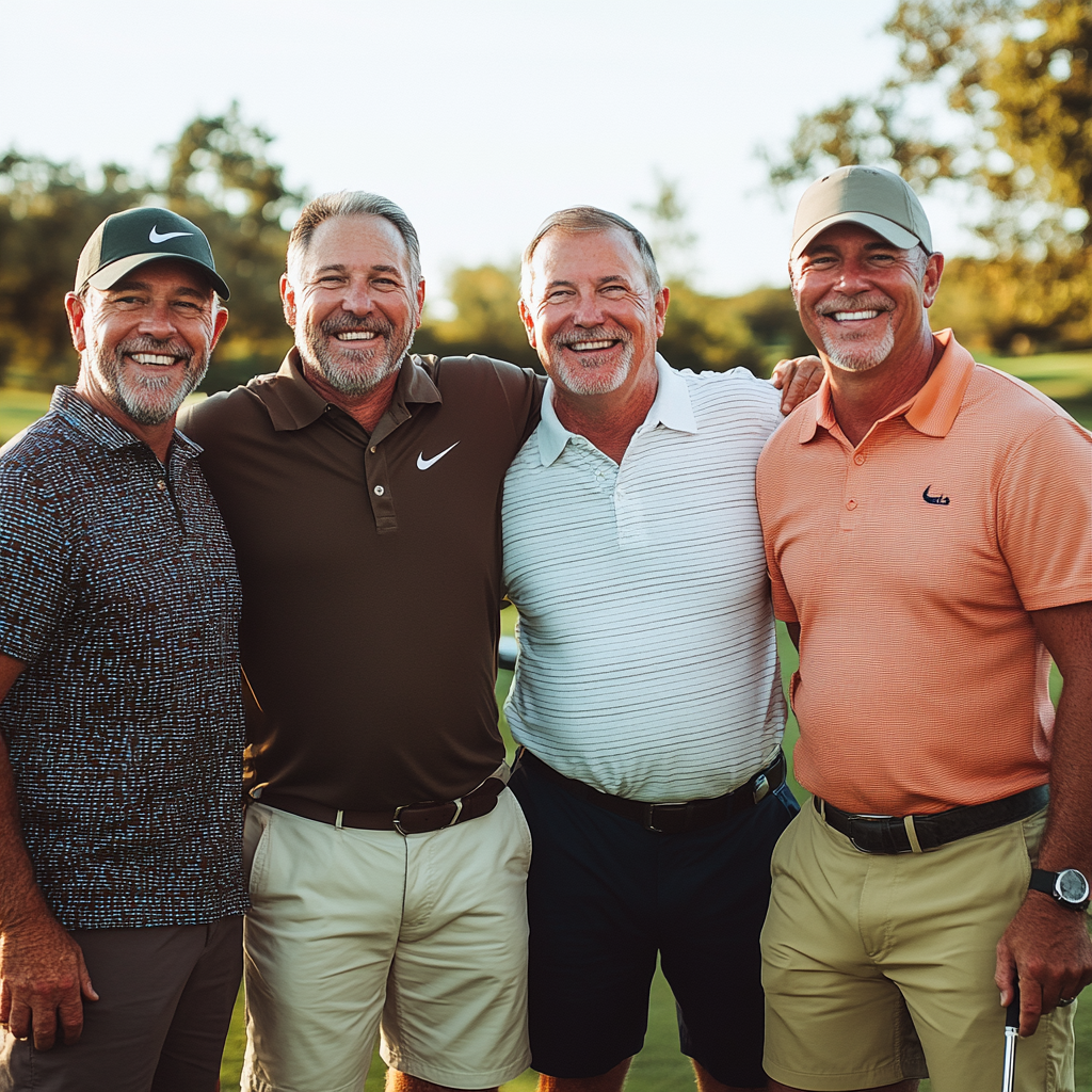 Happy golf foursome happy and smiling.