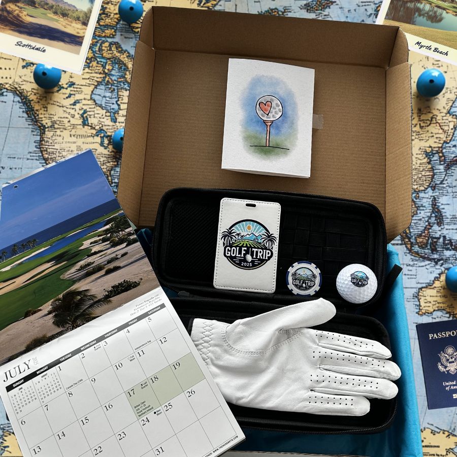 The perfect golf gift for men. A great idea for a golf gift for friends. The golf gift box has a golf calendar, and Golf Trip 2025 memorabilia. A great idea for a golf gift for your foursome. 
